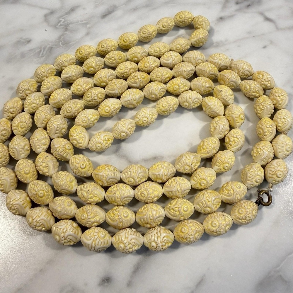 Vintage Molded Yellow Cream Floral Mod Plastic Bead Necklace Long Layering 56"